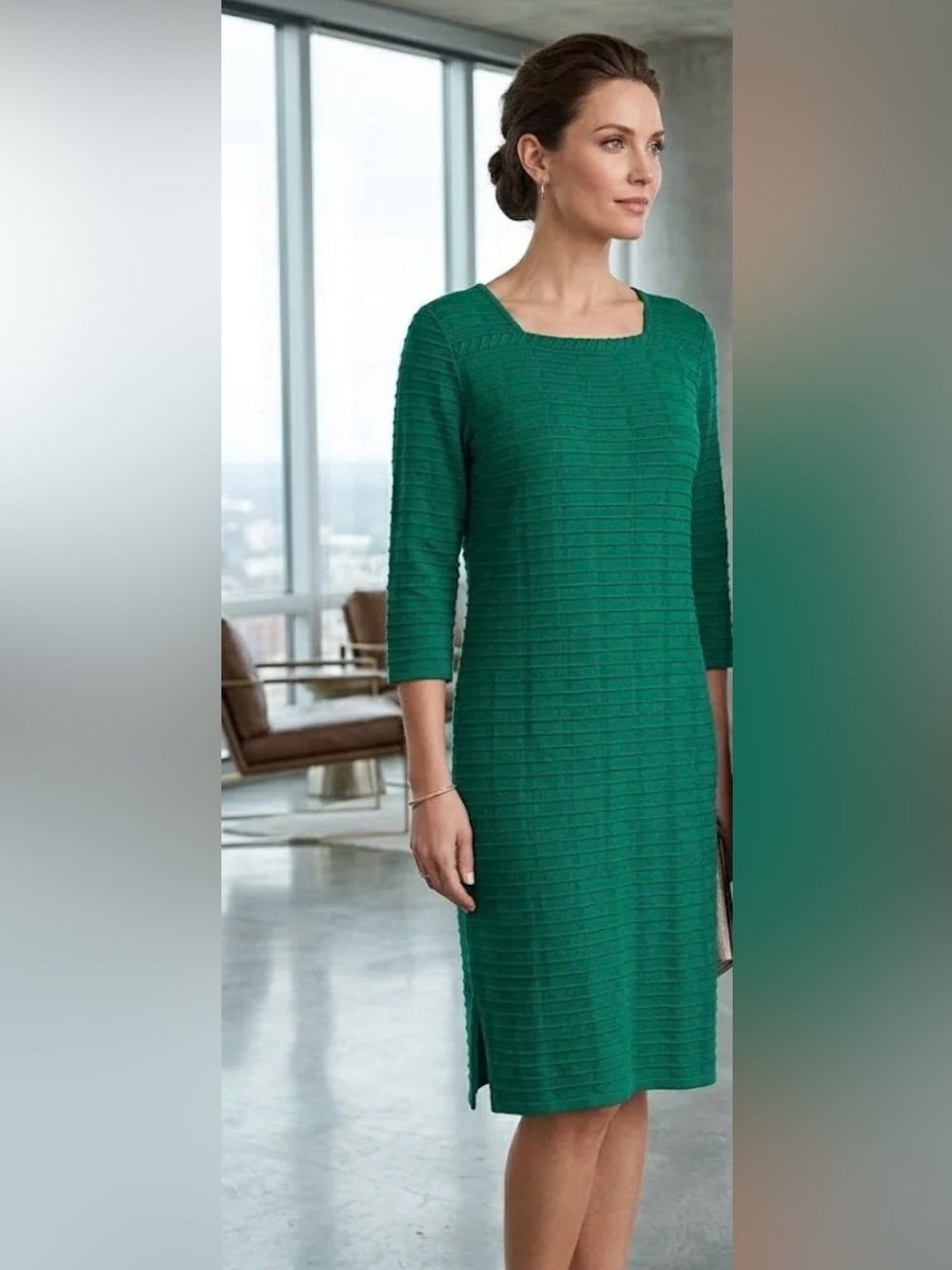 💚Ming Wang Jewel Green Textured Square-Neck Midi Dress💚